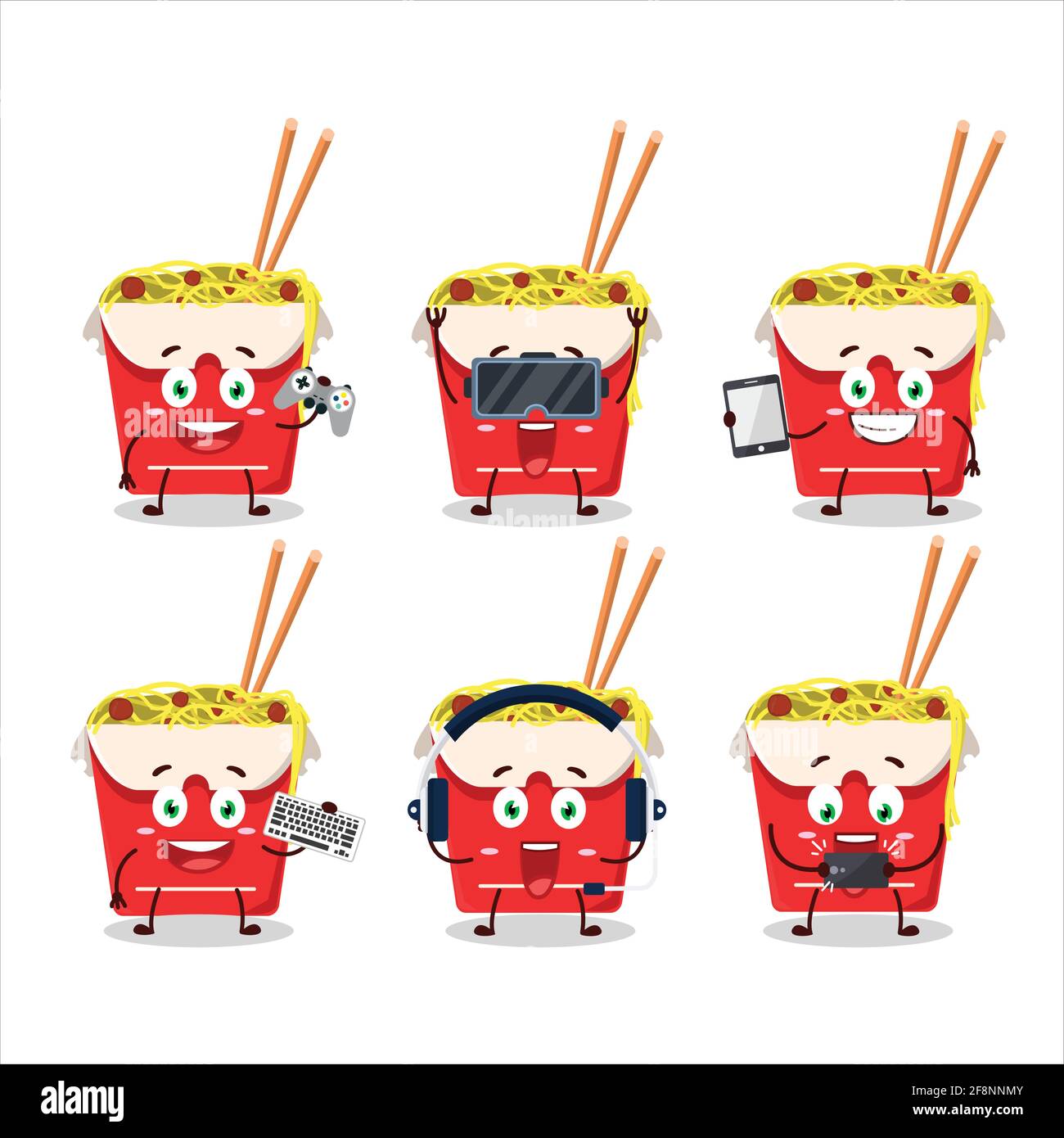 Noodles Box personnage de dessin animé jouent à des jeux avec divers émoticônes mignons. Illustration vectorielle Illustration de Vecteur