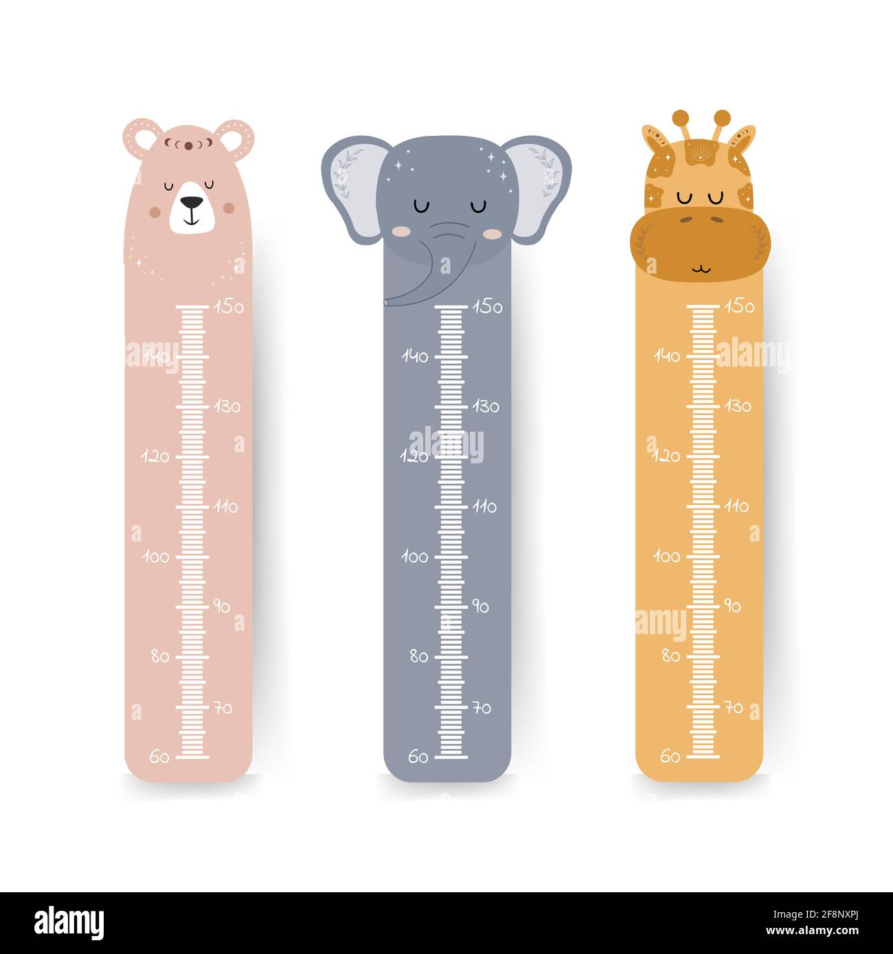 Tableau des hauteurs pour enfants. Un joli mètre mural avec des animaux boho. Modèle vectoriel. Zoo de dessins animés. Conception de produits pour enfants de style scandinave Illustration de Vecteur