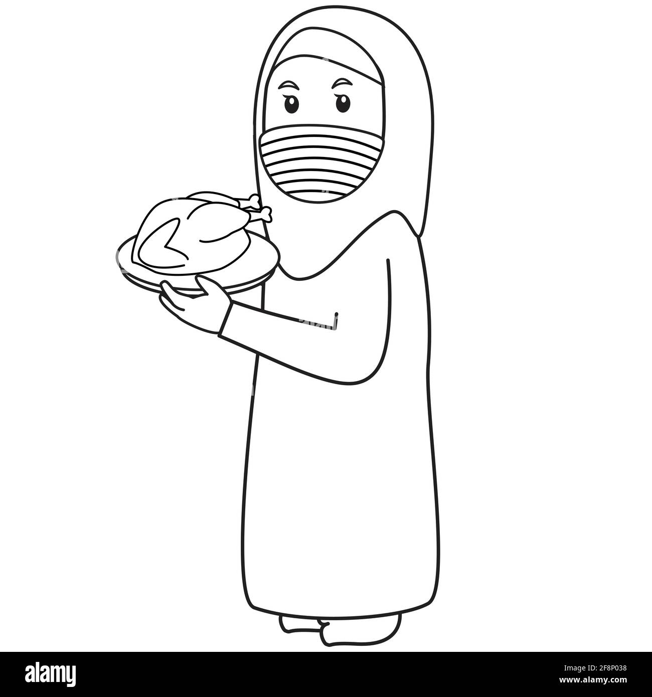 Femme ou mère musulmane utiliser chemise bleue, nuit de ramadan apporter poulet frit, en utilisant le masque et protocole sain.Illustration du personnage vectoriel. Illustration de Vecteur