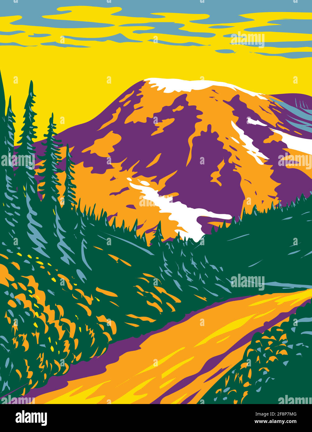 WPA Poster Art of Mount Rainier National Park, un stratovolcan actif dans les Cascades situé dans le comté de Pierce et le comté de Lewis dans l'État de Washington d Illustration de Vecteur