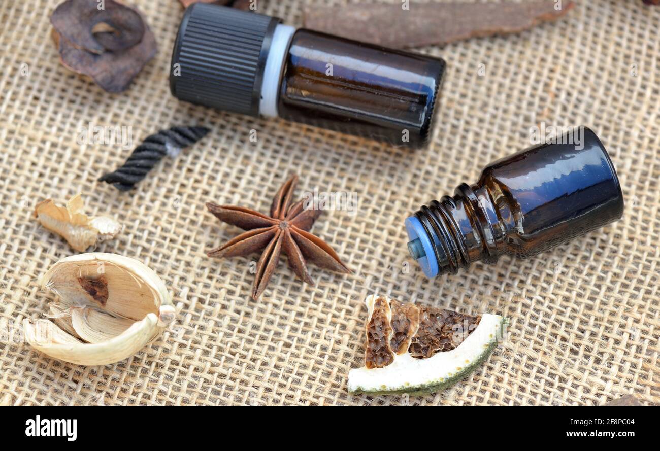 bouteilles d'huile essentielle avec bâton de cannelle, badian et fruits secs avec coquille sur un fond de tissu naturel Banque D'Images