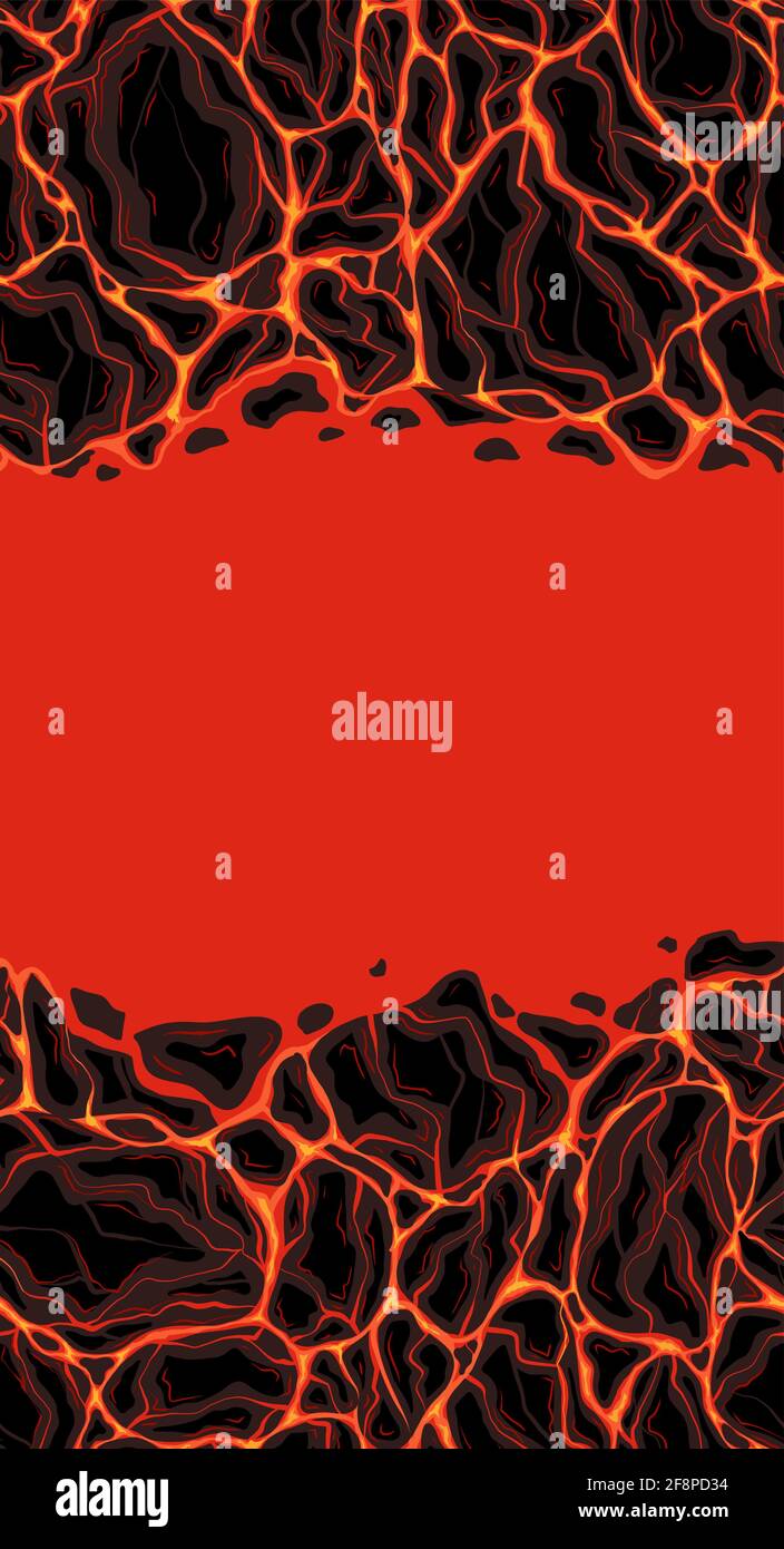 Carte verticale avec lave avec pierres et espace de copie. Magma de la roche en fusion. Bannière vectorielle de l'éruption avec tremblement de terre. Carte de dessin animé de dégoût naturel Illustration de Vecteur