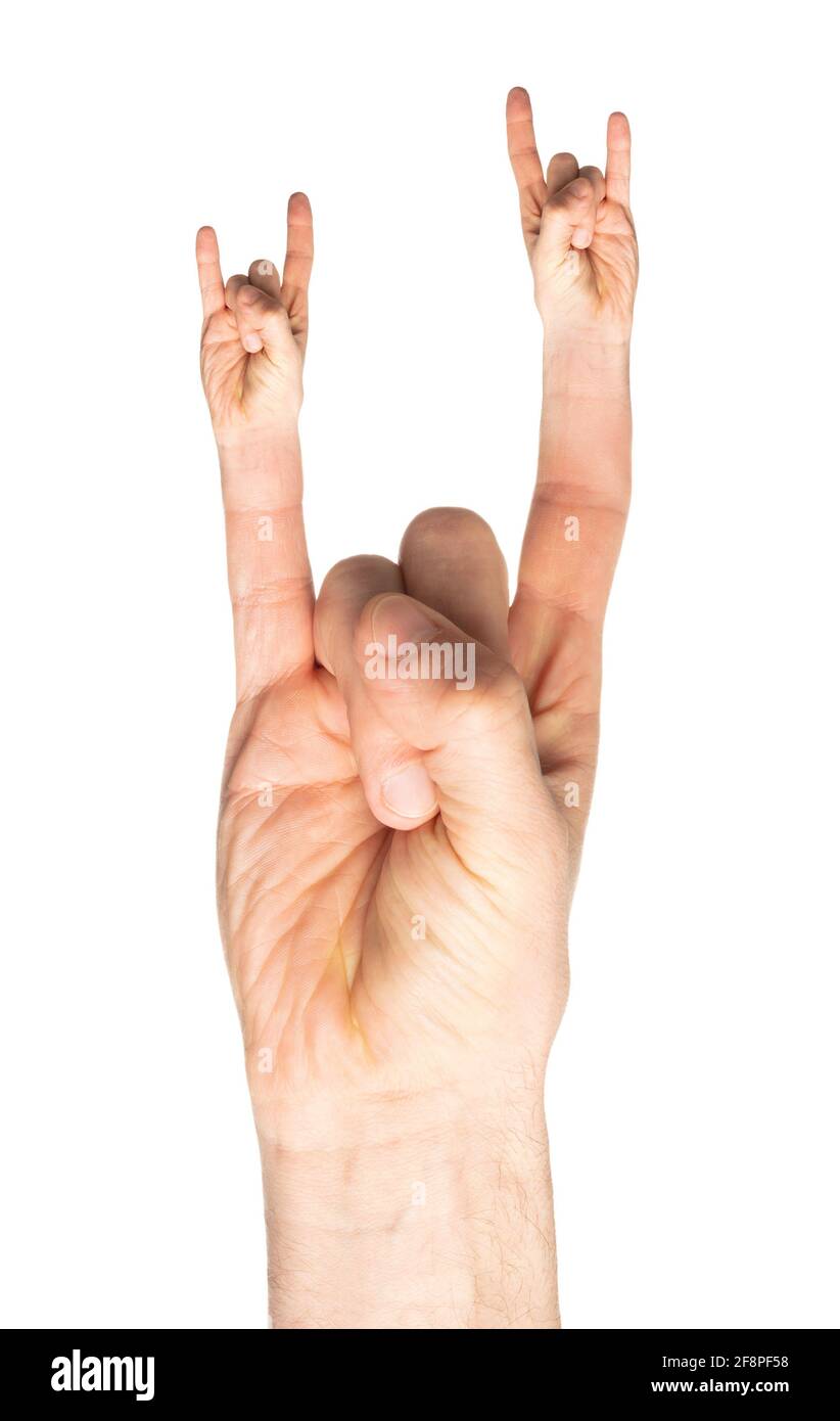 Main mâle et doigts montrant un panneau en métal lourd rock-n-roll, isolé sur blanc Banque D'Images
