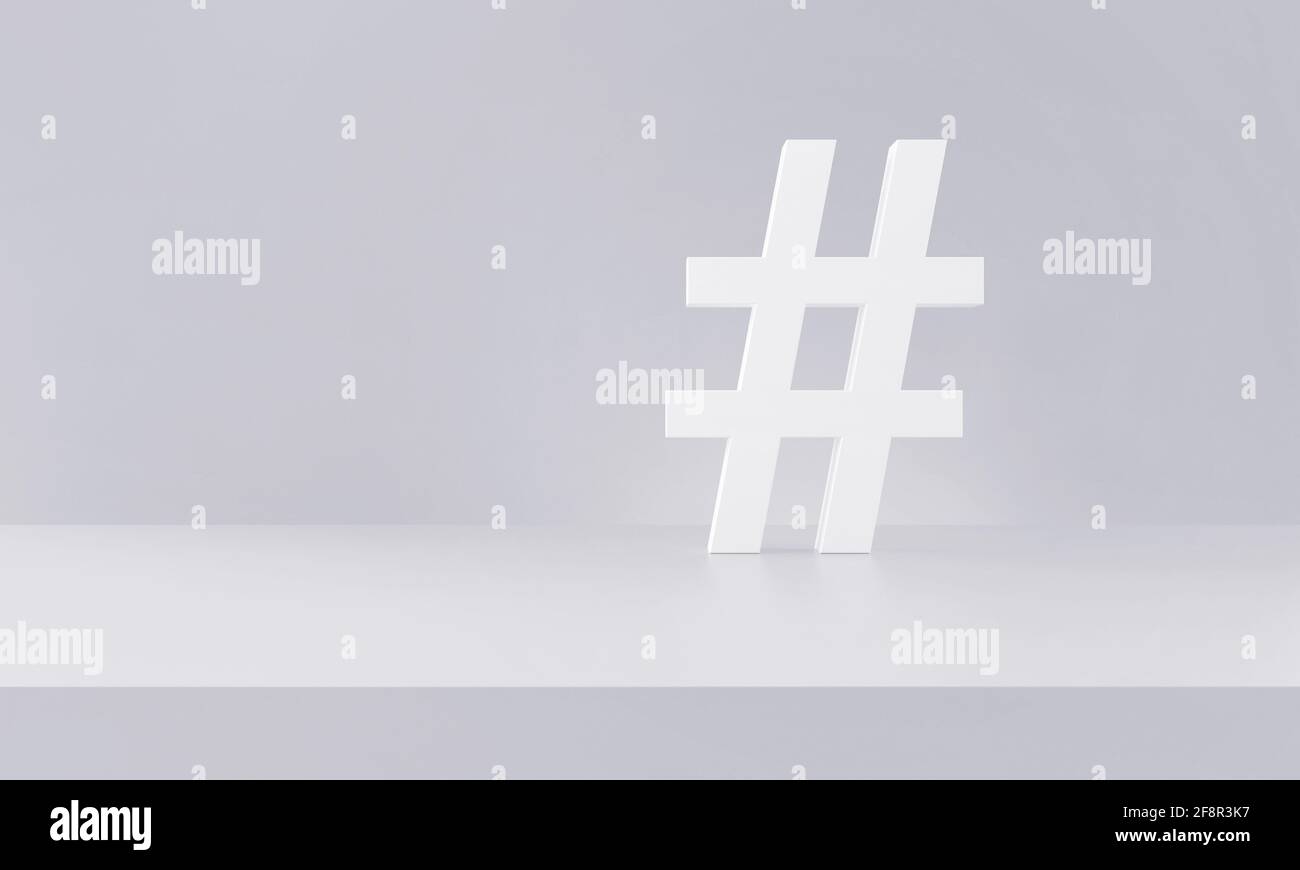 Symbole hashtag blanc et clair en arrière-plan de studio de photographie. Tendances, tendances, marketing numérique. rendu 3d. Banque D'Images