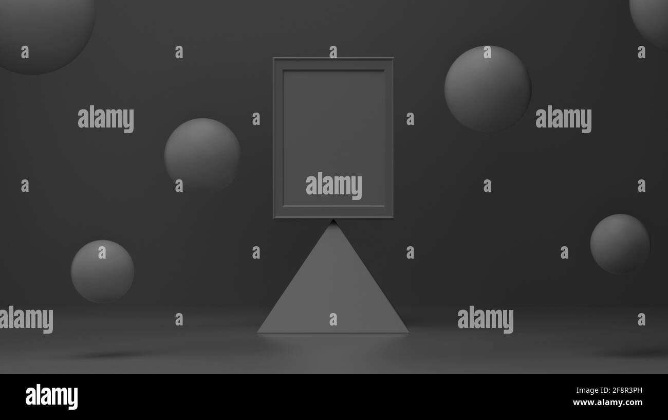 Podium sur une pyramide, cadre avec bulle flottant sur noir élégant studio. Fond géométrique minimal fond abstrait. Particules flottantes.. Banque D'Images