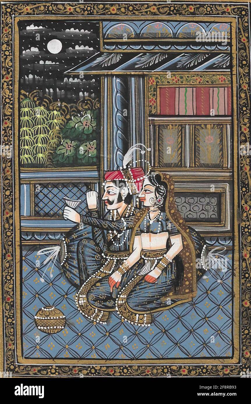 Peinture miniature de l'homme et de la femme qui boivent du vin la nuit Banque D'Images