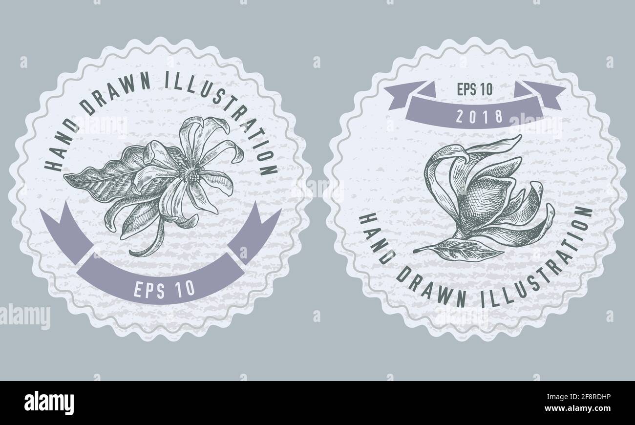 Conception d'étiquettes monochromes avec illustration de champak Illustration de Vecteur