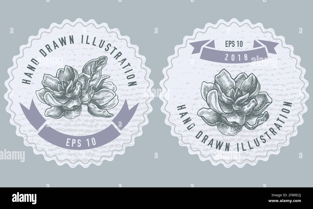 Étiquettes monochromes avec illustration de fleurs de magnolia Illustration de Vecteur