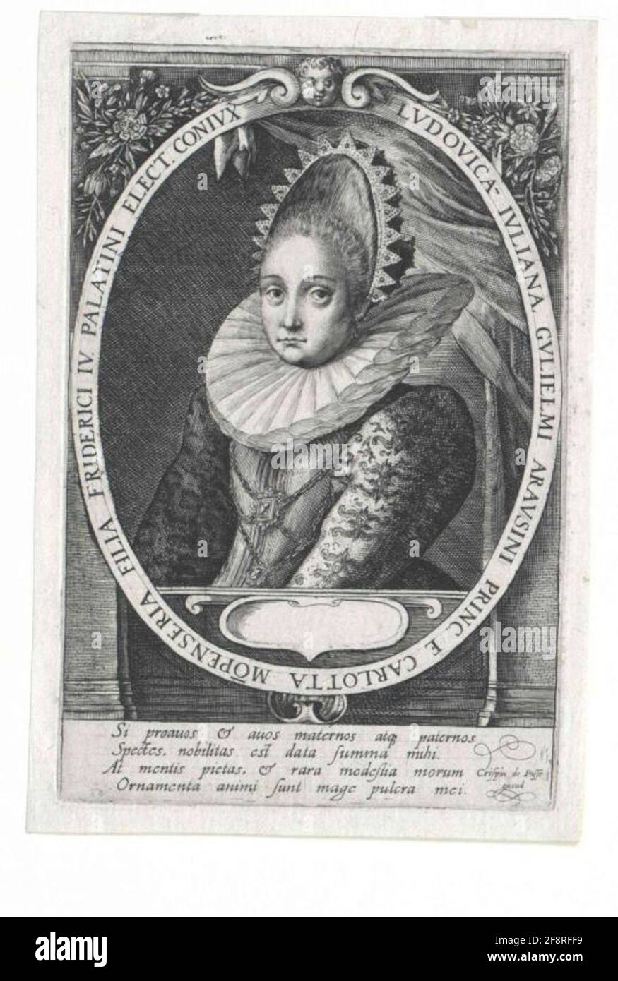 Luise Juliane, princesse d'Orania, comtesse de Nassau demi-figure, à moitié à partir de la gauche; autour de la coiffure surélevée, un support dentelé occupé par des bijoux adjacent; avec un col aplati; sur la robe, deux pièces de bijoux sur les chaînes réticulés qui ont imprimé des manches; sur le fond à droite, une drapery; Le sous-segment avec bande intégrée et champ vide avec décoration en rouleau; en cadre ovale avec latin. Taster; vers le haut au centre d'une tête d'ange, contenant de fleur dans les coins supérieurs; architectural rectangulaire. Encadrement avec deux pilaces latérales; sous la représentation du latin à quatre lignes. Banque D'Images