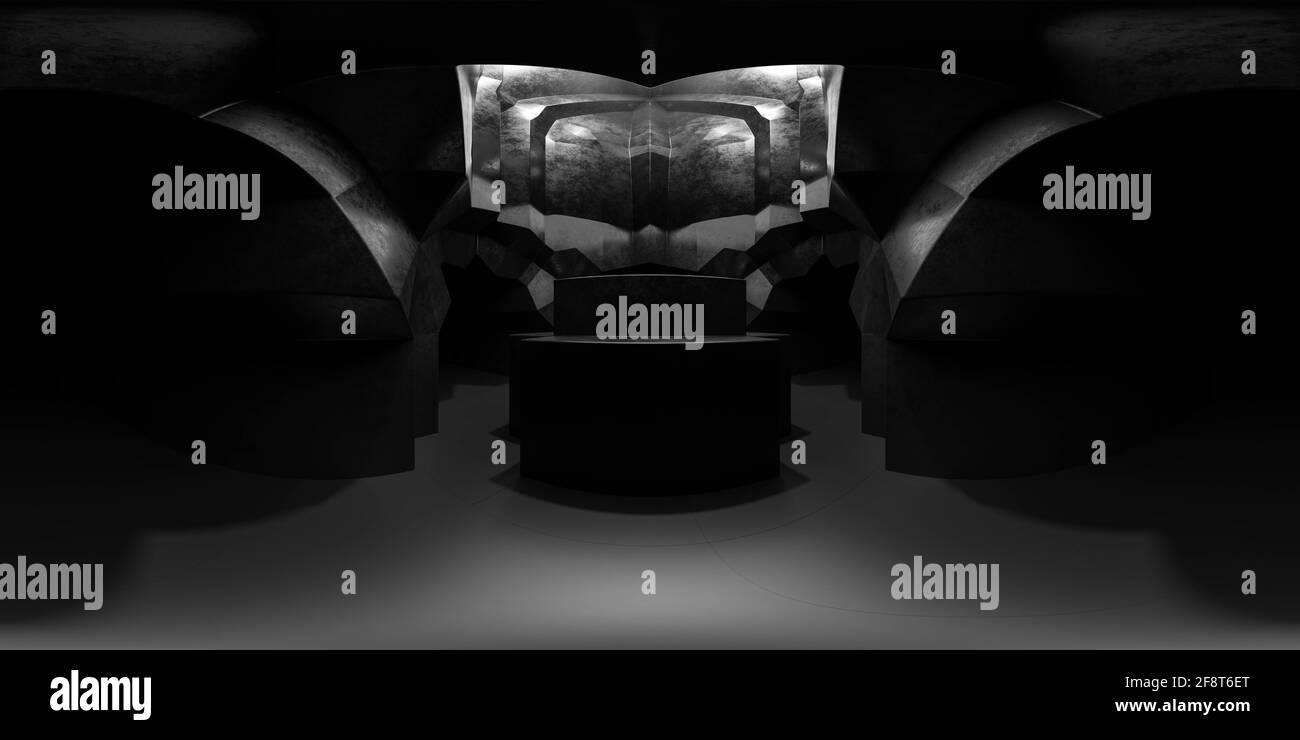 Sphérique, 360 degrés, panorama sans couture de pierre sombre église en béton cathédrale cave 3D rendu illustration vr style hdri Banque D'Images