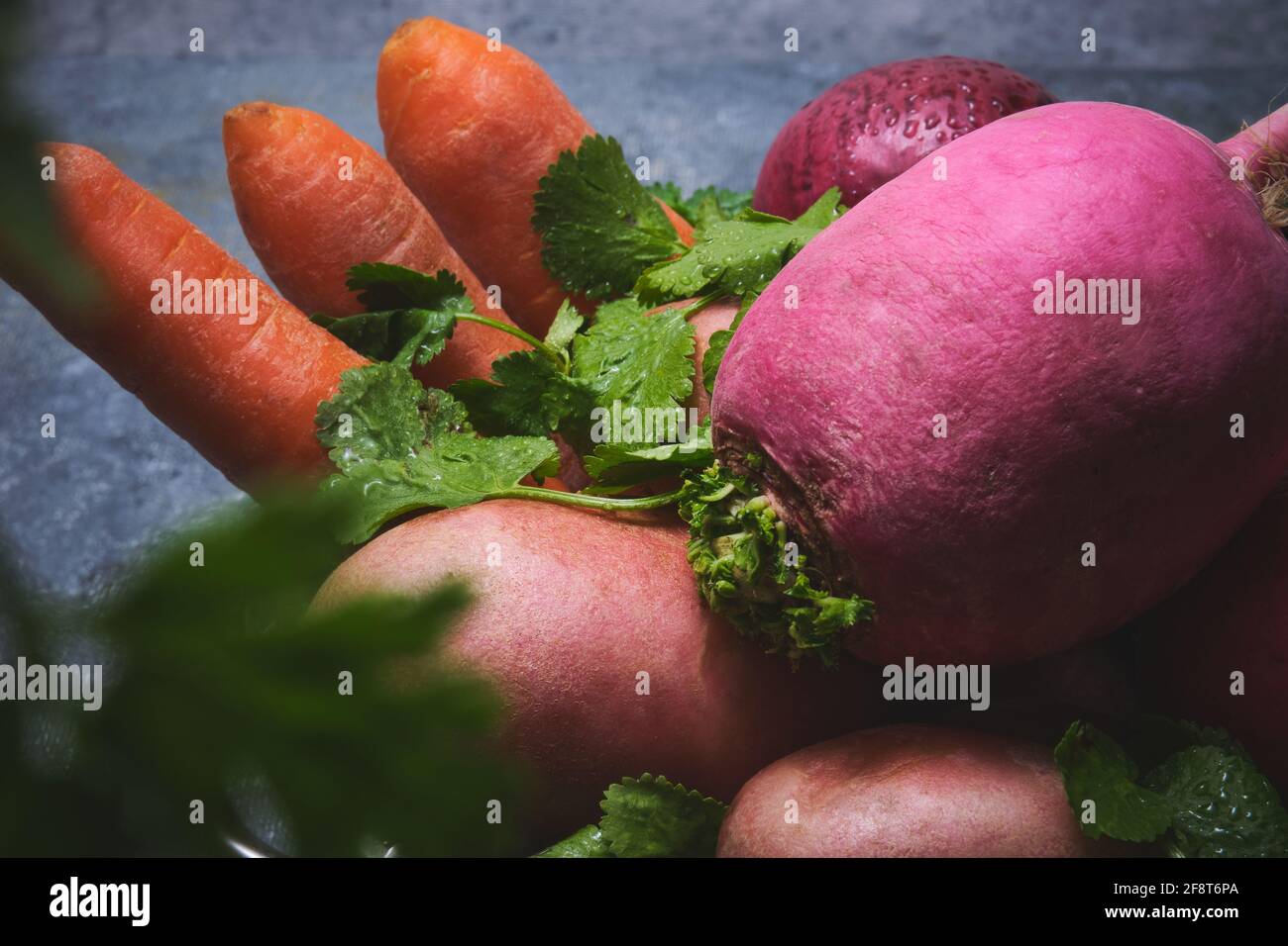 Navet, coriandre, pommes de terre, carottes et oignons rouges sur fond sombre Banque D'Images