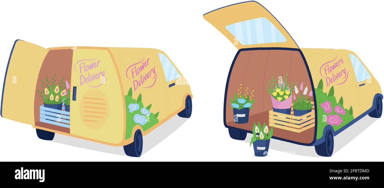 Livraison de fleurs Vans plat couleur vecteur objet ensemble Illustration de Vecteur