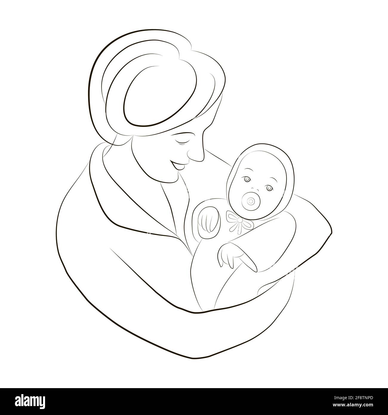 Silhouette de mère et de bébé. Bonne maman tient son bébé dans ses bras. La femme a labouré la tête sur l'enfant et le regarde. Circulaire de la fête des mères heureux Illustration de Vecteur