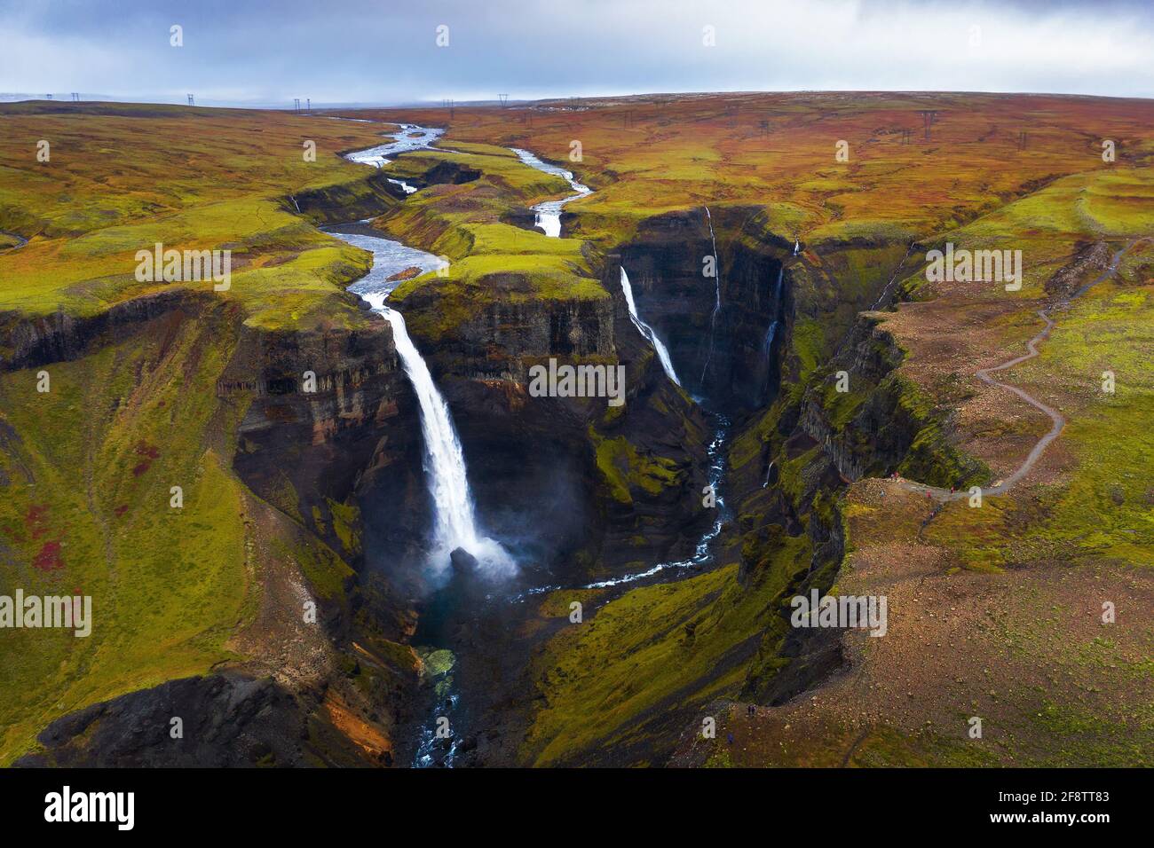 Vue aérienne des cascades de Haifoss et Granni en Islande Banque D'Images