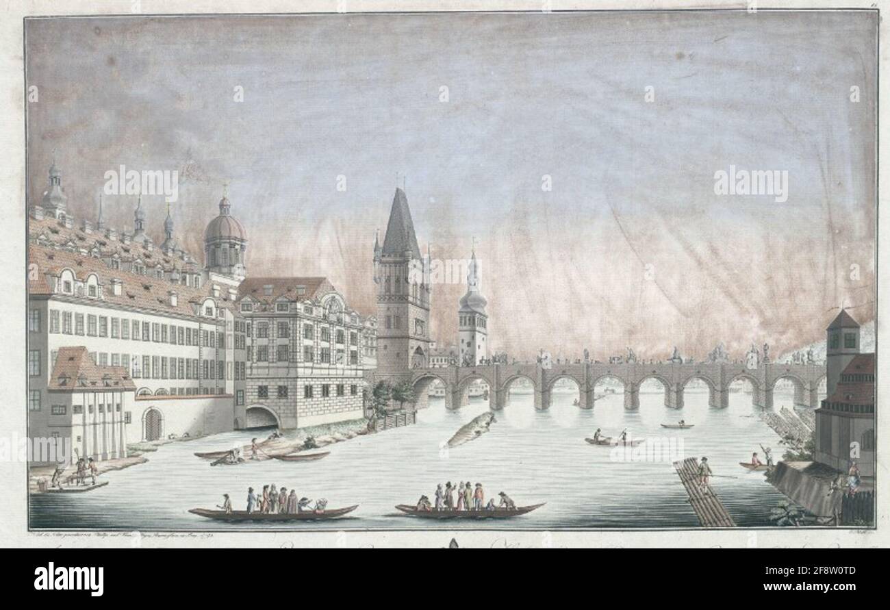 Erbringung von der Mitternacht Seite Anzusehen. Vue sur le fleuve de Moldova du Pont de Prague, capitale de Bohème à Widmung Nord: Dédiate à M. Dom Antoine Jacques Sachanek, général et Grand Maître de l'ordre militaire de Ste Croix avec l'étoile rouge, par Bohème, Hongrie, Pologne, Silésie, Et Moravie, le notaire apostolique Proto et Prelat Milbest dans Roy of Boheme, et C. Banque D'Images