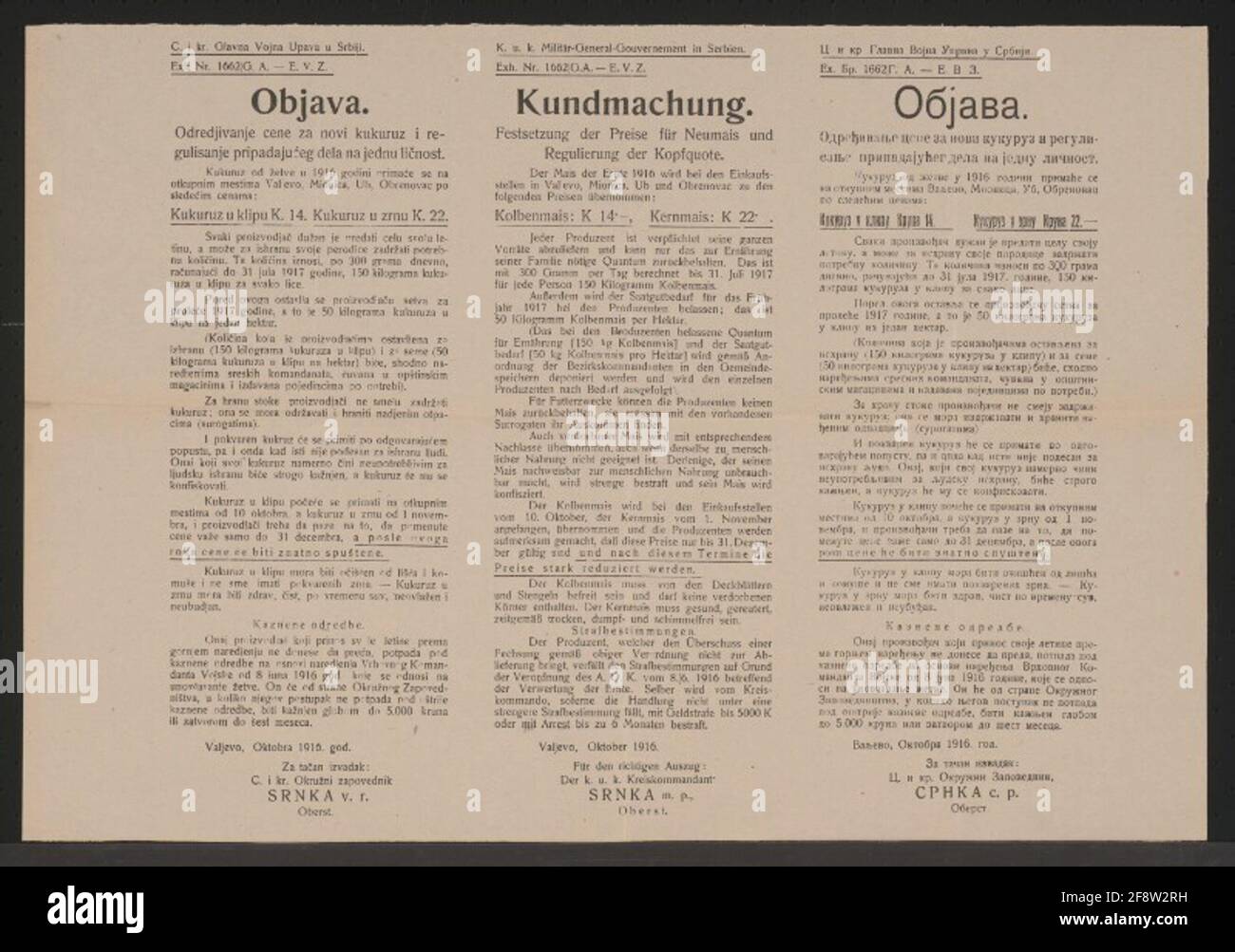 Maïs de la récolte 1916 - annonce - Valjevo - affiche multilingue contrôles et dispositions pour la livraison de Neumais, prix et réglementation du siège pour le maïs à piston et à noyau, dispositions de punition - K.U.K. County Command Valjevo, octobre 1916 - The K.U.K. Commandant du comté de Srnka, colonel - EXH. N° 1662 / G.A. - E.V.Z. Banque D'Images