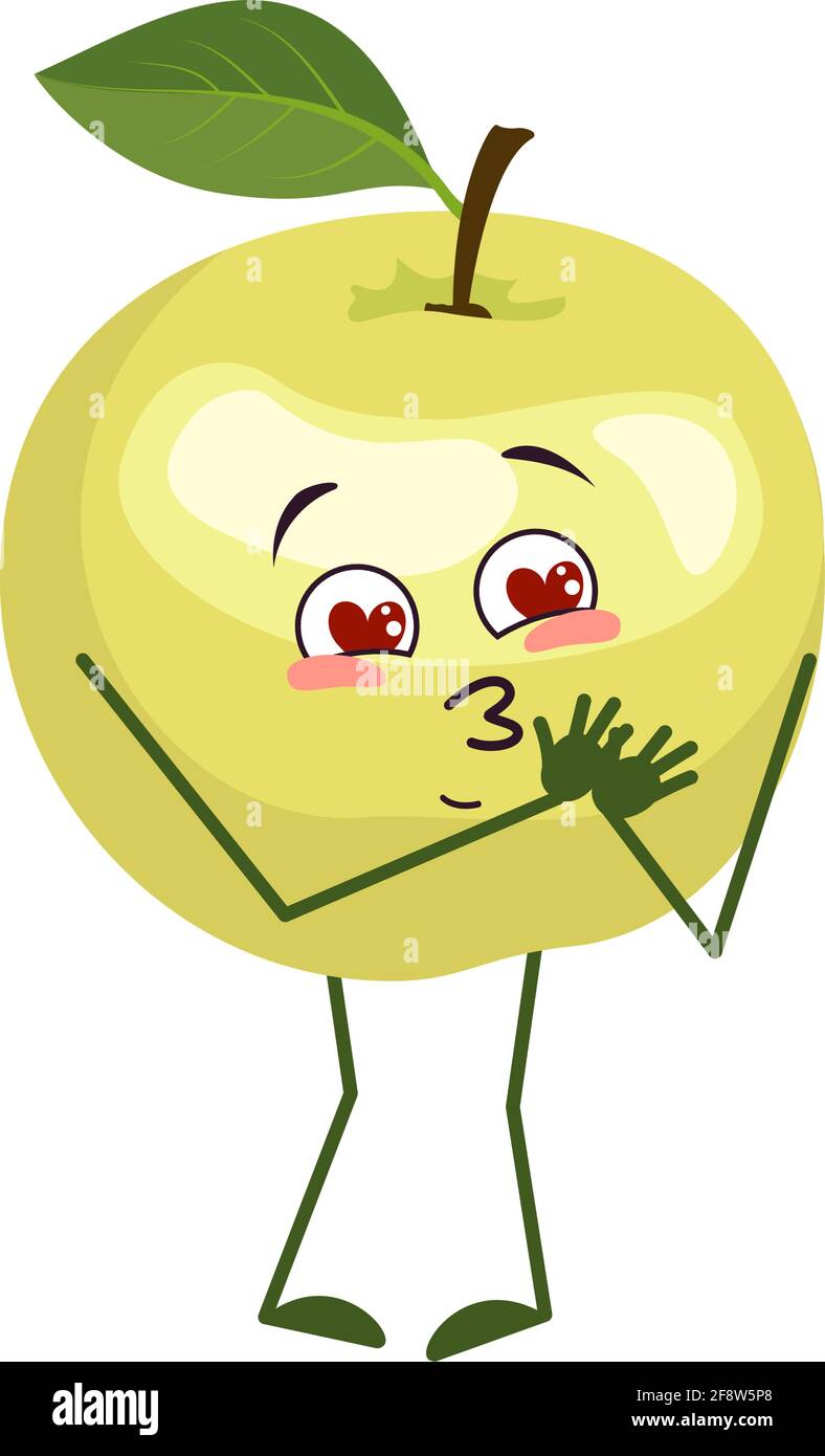 Le joli personnage de pomme tombe amoureux des yeux, des coeurs, des bras et des jambes. Le héros drôle ou sourire, fruit vert Illustration de Vecteur