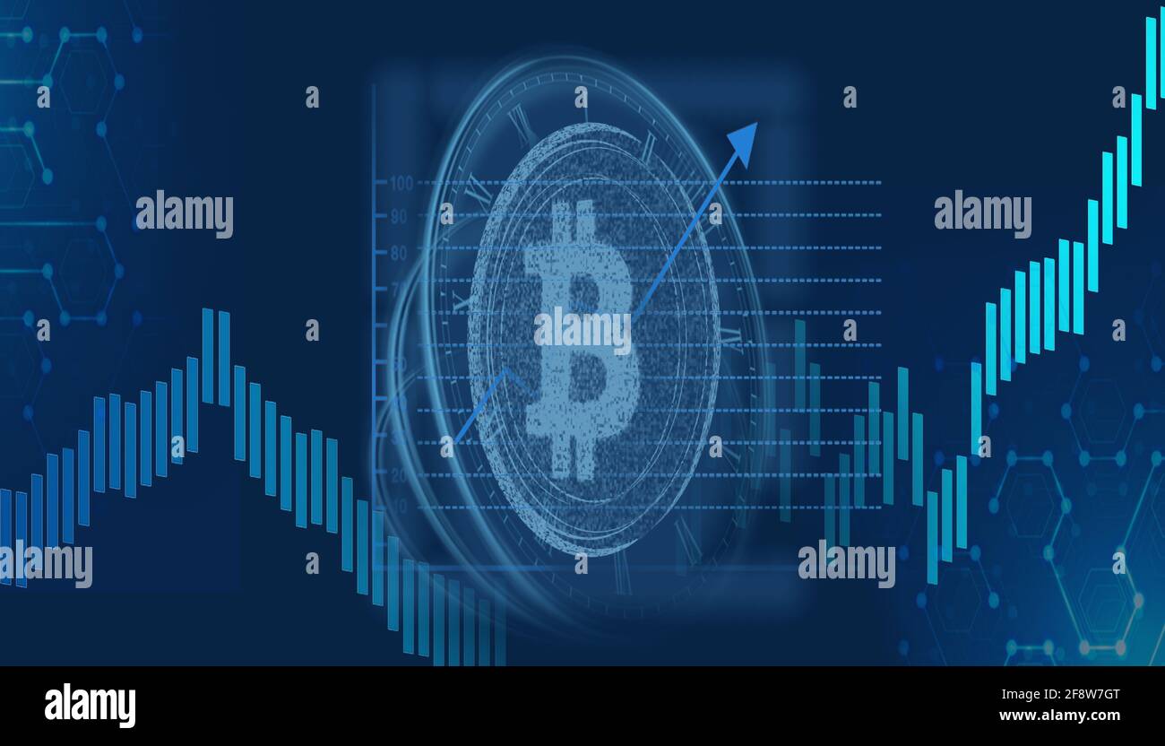 Global bitcoin crypto-monnaie futuriste technologie résumé arrière-plan illustration 3d avec graphiques et arrière-plan. Banque D'Images