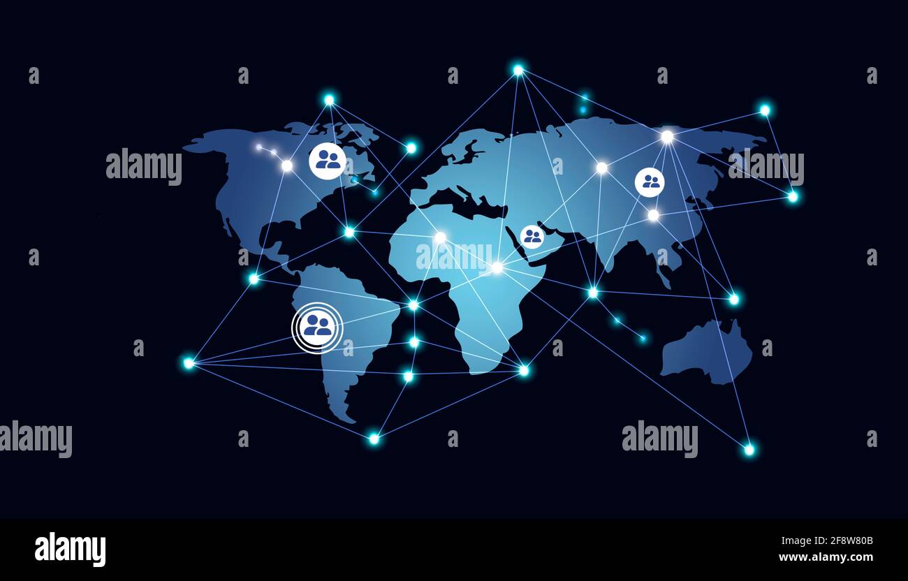 Résumé des médias sociaux, commerce, réseau mondial, marketing mondial, communication, données, concept de technologie d'entreprise. Carte du monde avec icônes de personnes Banque D'Images