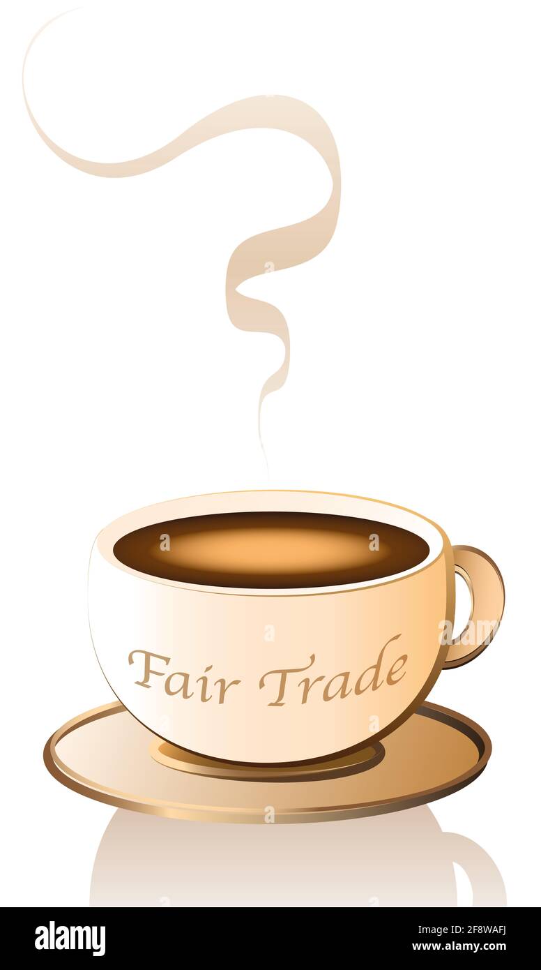Commerce équitable écrit sur une tasse de café avec arôme - illustration sur fond blanc. Banque D'Images