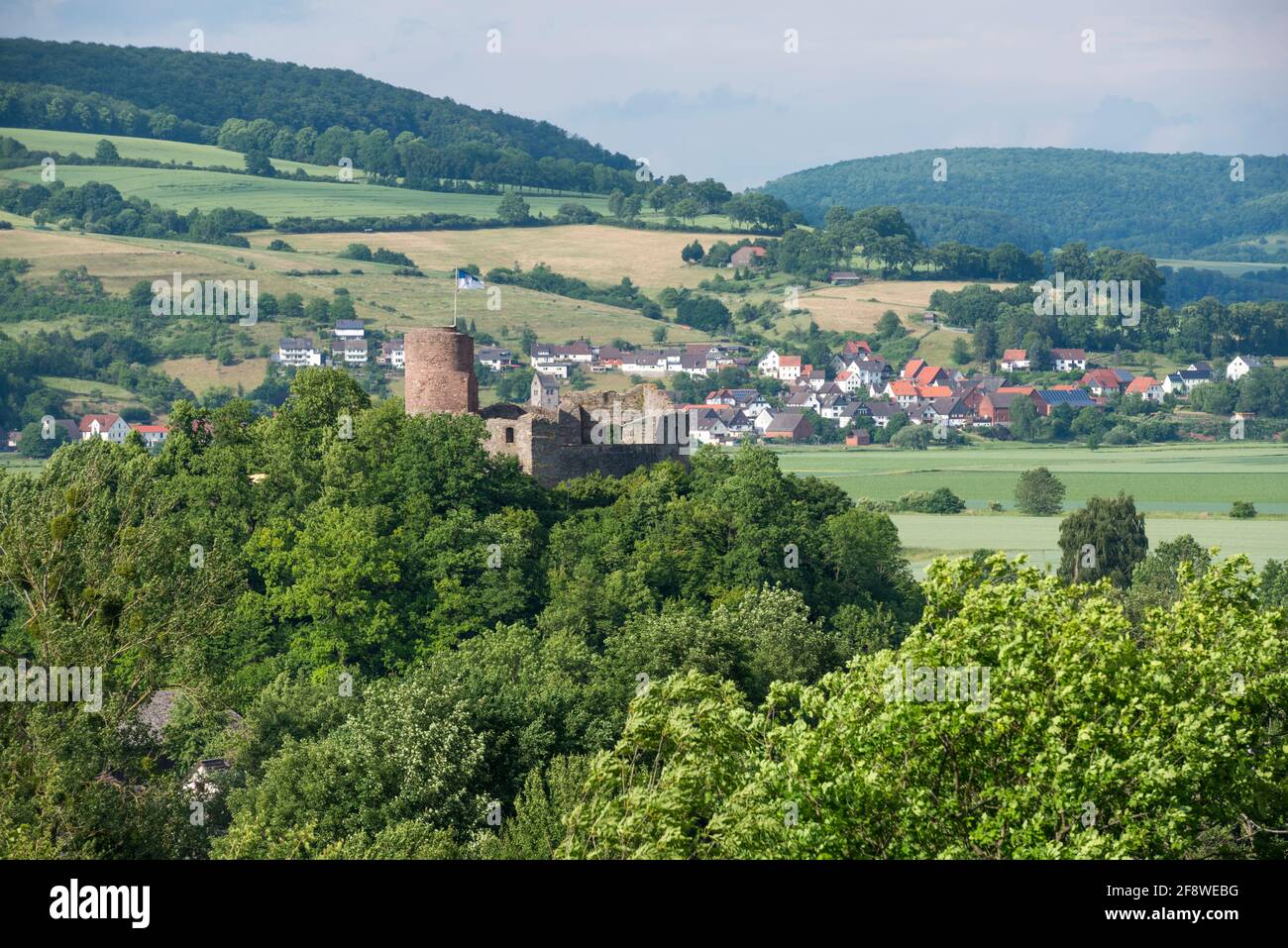 Allemagne, Basse-Saxe, Pologne: Le château en ruines de Polle avec donjon est situé au-dessus de la rivière Weser dans les collines Weser. Banque D'Images
