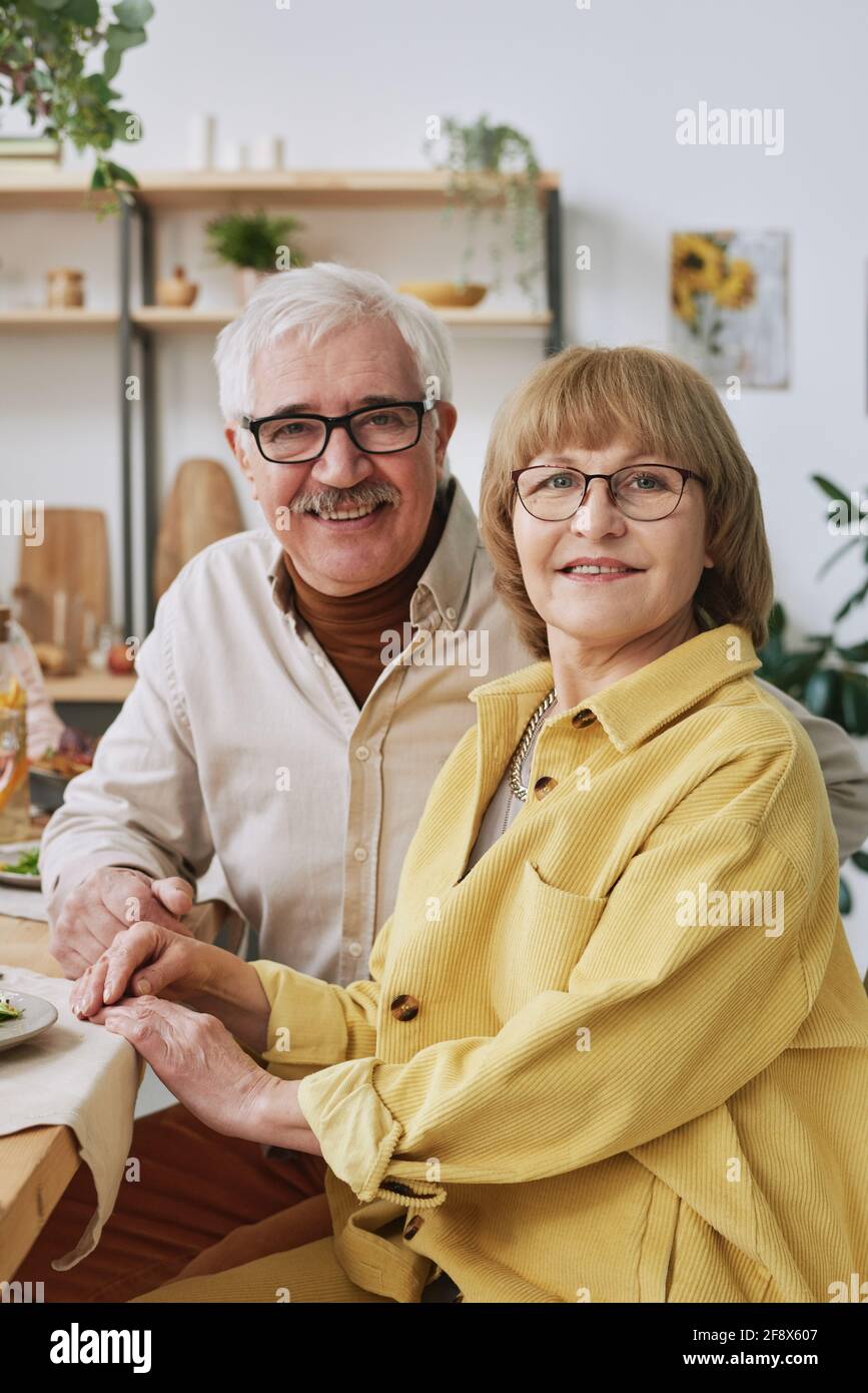 Portrait d'une famille de deux personnes âgées souriantes à l'appareil photo assis à la table à manger Banque D'Images