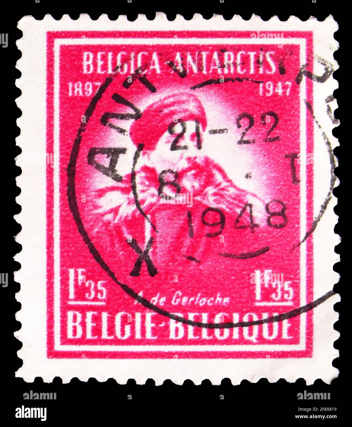 MOSCOU, RUSSIE - 1er OCTOBRE 2019 : timbre-poste imprimé en Belgique montre l'expédition antarctique du capitaine Adrien de Gerlache, série, vers 1947 Banque D'Images