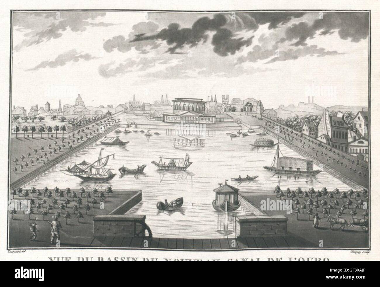 Vue sur le bassin du nouveau canal Ourcq pris sur le premier pont à bascule face Rn de la rotonde et barrière de la Villette. Banque D'Images