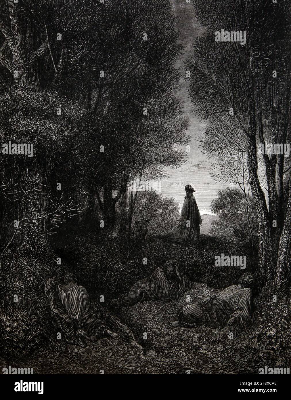 Histoire de la Bible Illustration Jésus priant dans le jardin de Gethsémané avec les Apôtres Pierre, Jean et James dormant à proximité (Matthieu 26, 40-41) Banque D'Images