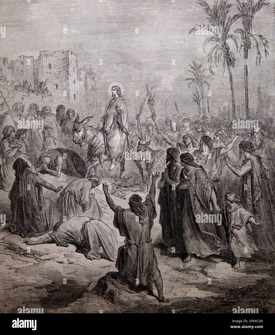 Histoire de la Bible Illustration entrée de Jésus à Jérusalem (Matthieu 21:7-8) Par Gustave Dore Banque D'Images