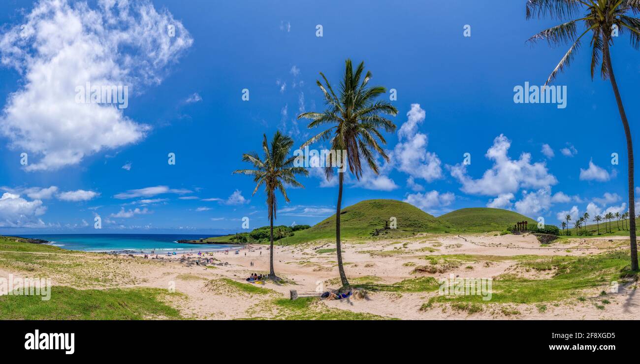 Palmiers sur la plage, Moai debout, Plage d'Anakena, Île de Pâques, Chili Banque D'Images