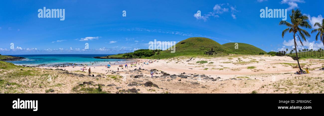Palmiers sur la plage, Moai debout, Plage d'Anakena, Île de Pâques, Chili Banque D'Images