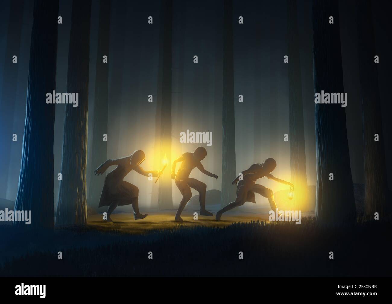 Trois silhouettes de figures rampent dans la forêt de nuit sombre. Illustration de peinture numérique. Banque D'Images