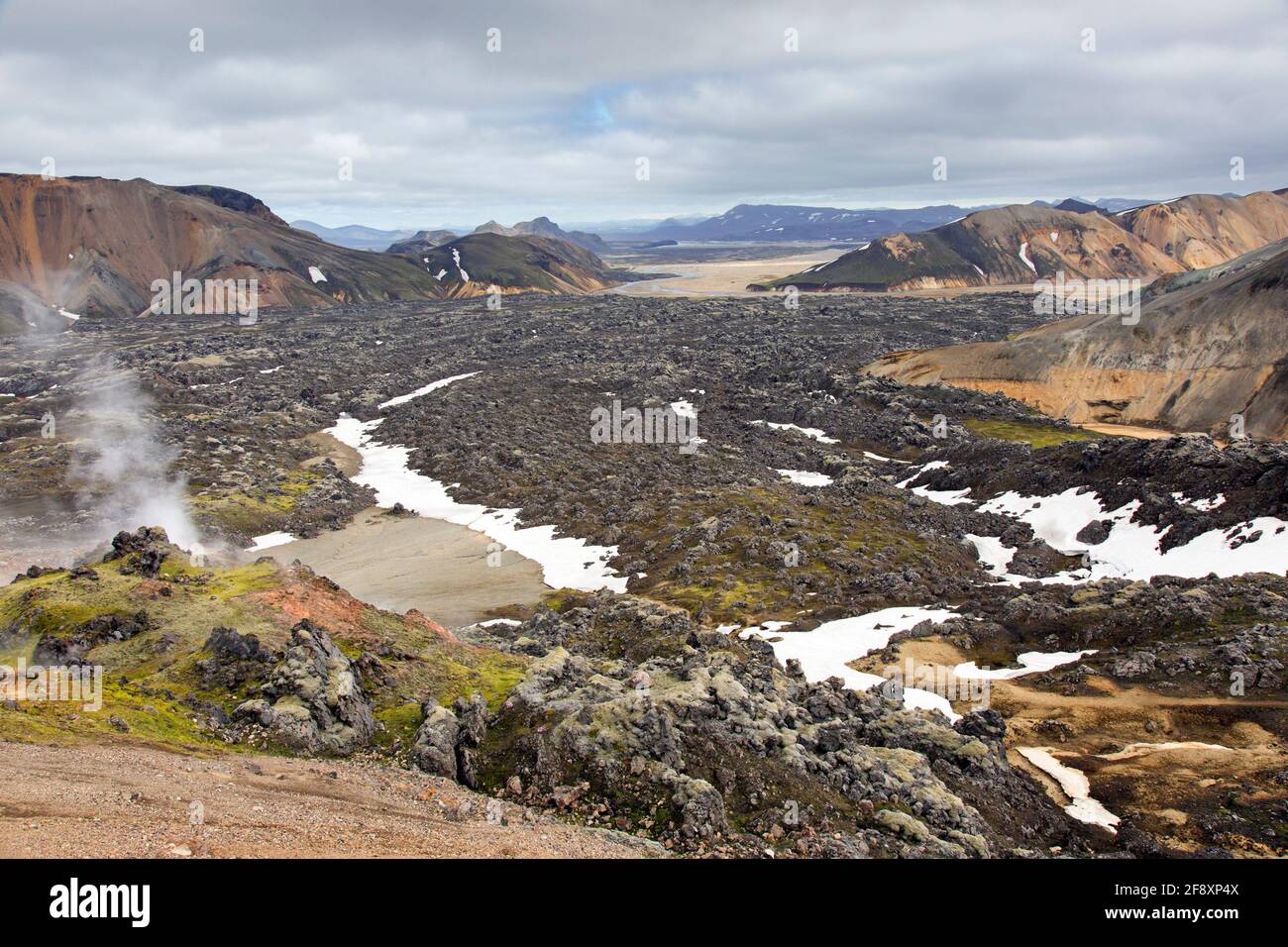 Vapeur de fumarale / solfatara dans les montagnes de rhyolite au volcan Brennisteinsalda près de Landmannalaugar, Réserve naturelle de Fjallabak, Sudurland, Islande Banque D'Images