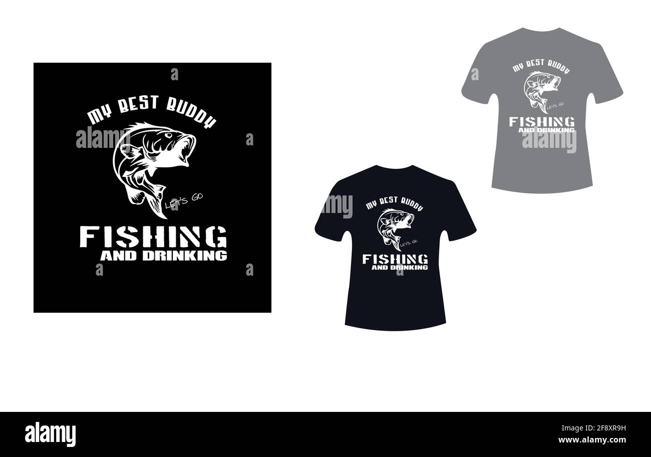 Motif vectoriel de t-shirt de pêche et de boisson. Motif de t-shirt de couleur noire et bleue avec vecteur de texte de pêche et de boisson Banque D'Images