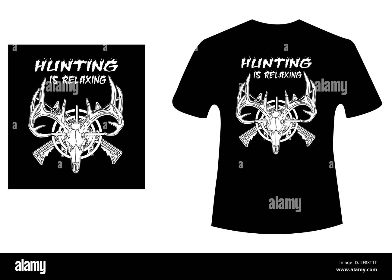 T-shirt de chasse à motif vectoriel. T-shirt de couleur noire avec texte de chasse et vecteur de conception Banque D'Images