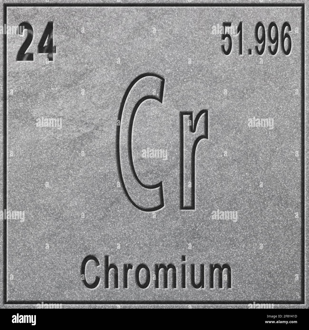 Élément chimique du chrome, signe avec numéro atomique et poids atomique, élément du tableau périodique, fond argenté Banque D'Images