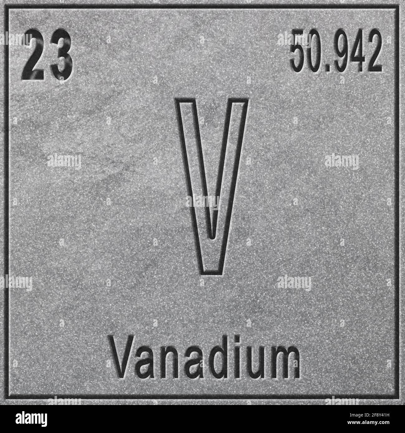 Élément chimique en vanadium, signe avec numéro atomique et poids atomique, élément du tableau périodique, fond argenté Banque D'Images
