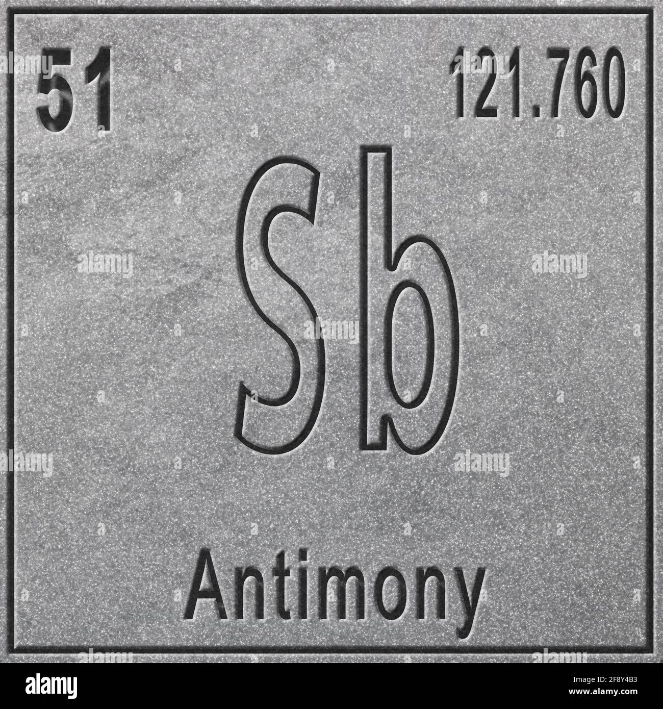 Élément chimique antimoine, signe avec numéro atomique et poids atomique, élément du tableau périodique, fond argenté Banque D'Images