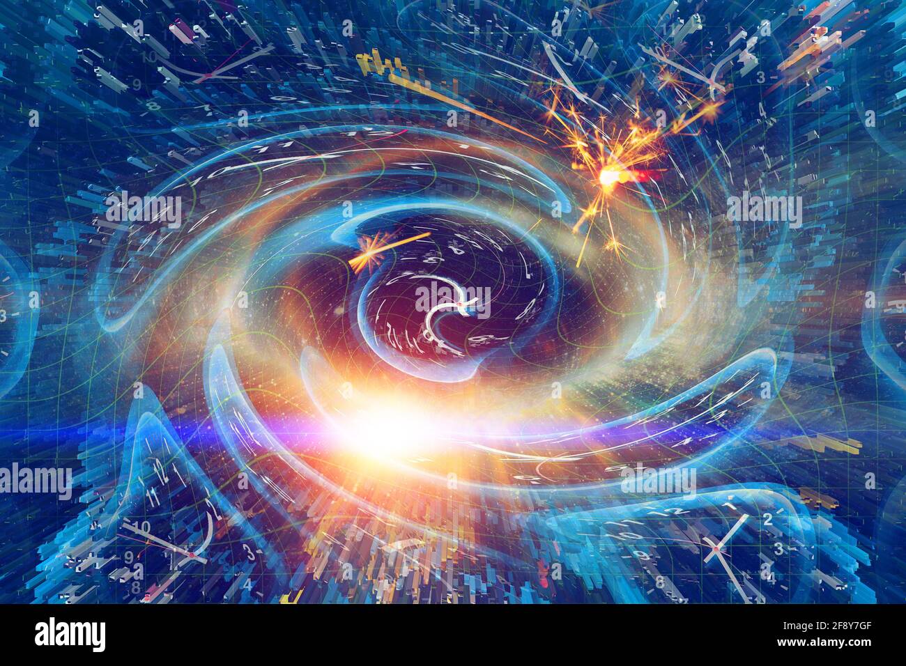 Space Time scifi Digital Arts concept, Twist horloge Time distorsion Warp sur l'espace incurvé comme trou représentent l'espace et les temps de la théorie d'Einstein Banque D'Images