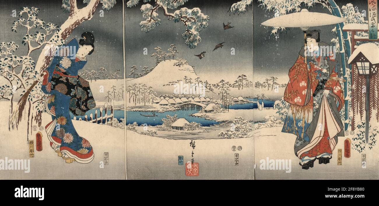 Conte de Genji dans des scènes de neige par Utagawa (Ando) Hiroshige Banque D'Images