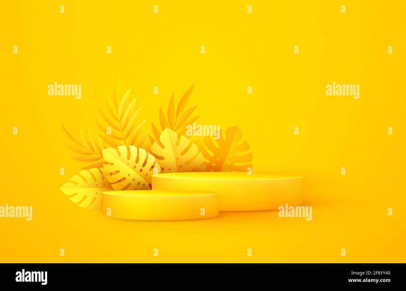 Scène jaune minimale avec formes géométriques et feuilles de palmier. Podium cylindrique sur fond jaune. Etape 3D pour l'affichage d'un produit cosmétique Illustration de Vecteur