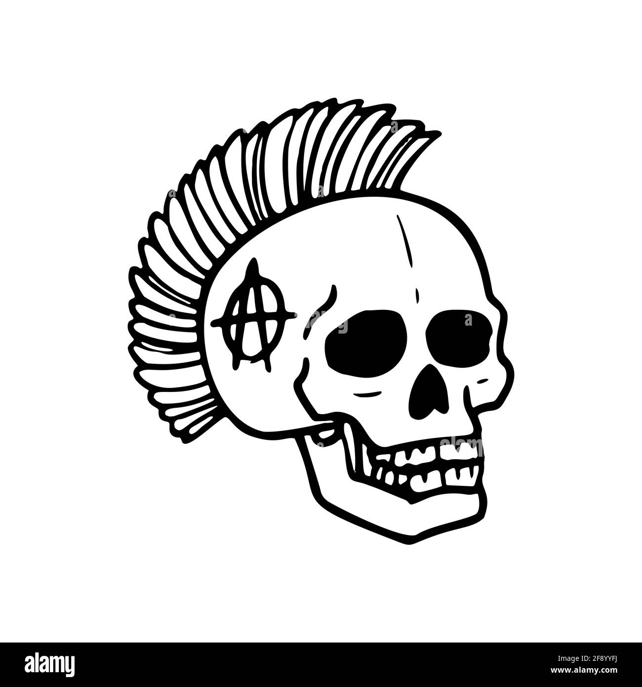 Collection Punk Rock. Crâne humain avec symbole mohawk sur fond blanc. Illustration vectorielle Illustration de Vecteur