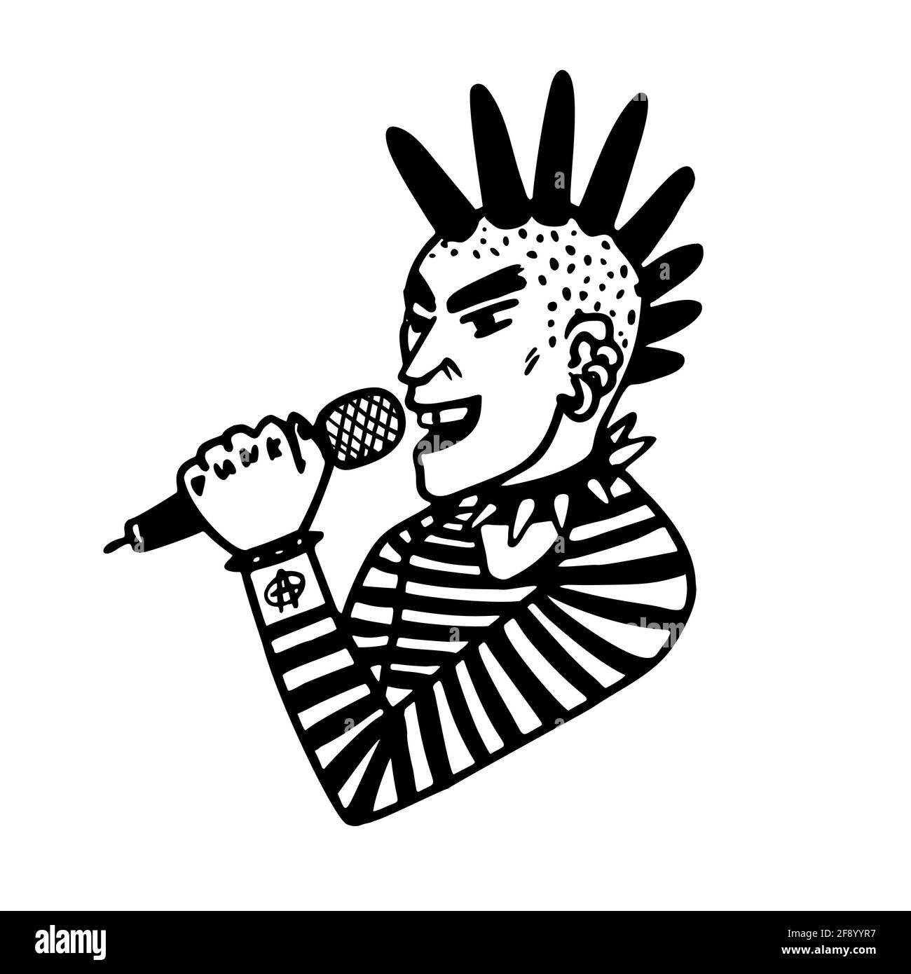 Collection Punk Rock. Portrait d'un chanteur punk Rocker Guy avec mohawk et microphone sur fond blanc. Illustration vectorielle Illustration de Vecteur