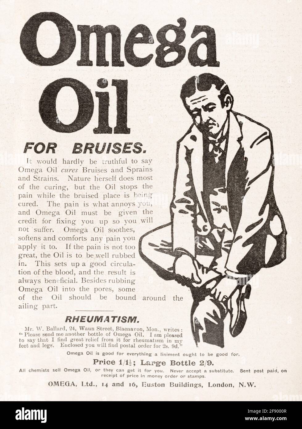 Ancienne publicité victorienne Omega Oil bruise de 1902 - avant les normes de publicité. Histoire de la publicité médicale, des publicités à l'huile de serpent. Banque D'Images