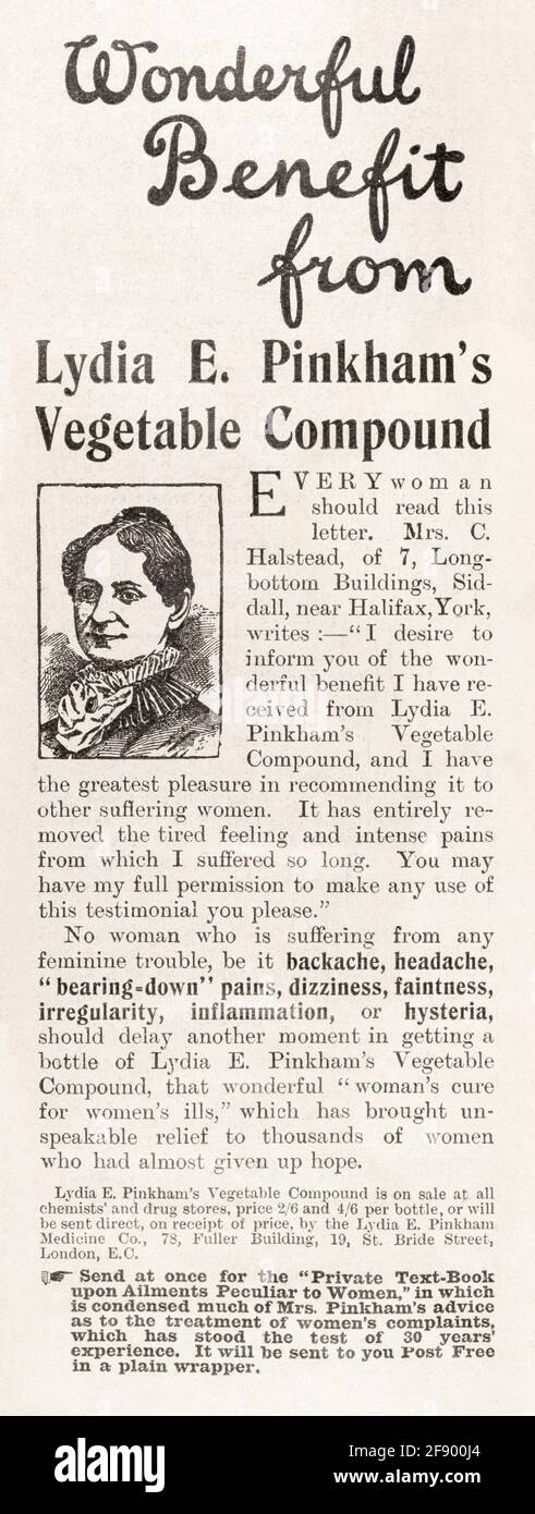 Old Edwardian magazine Pinkham's Vegetable Compound annonce de 1911 - pré-publicité des normes. Histoire de la publicité médicale, des remèdes médicaux de quack. Banque D'Images