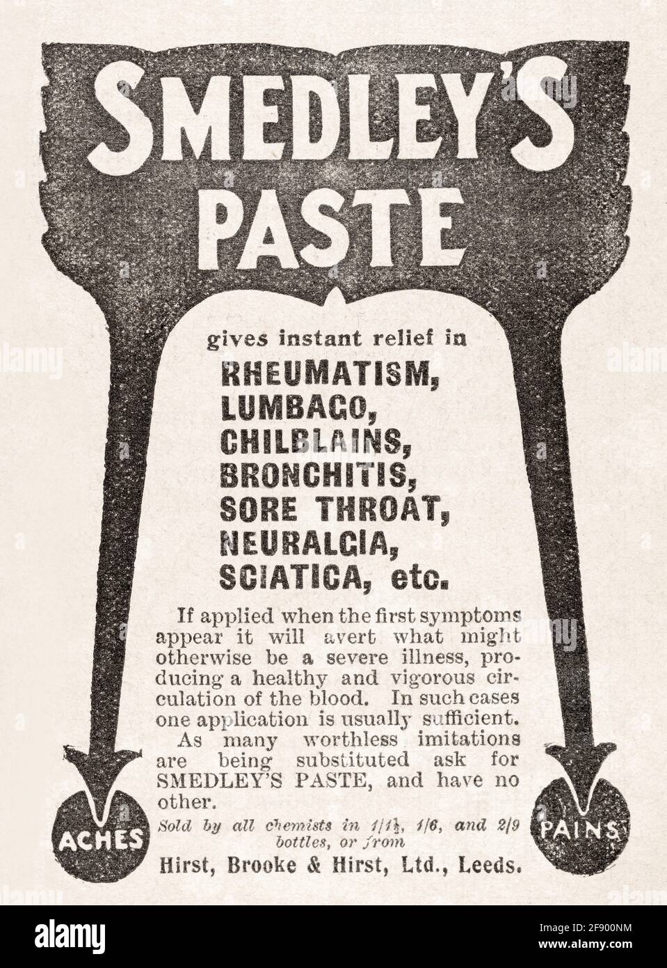 Publicité dans le magazine Edwardian d'époque pour Smedley's Paste de 1912 - normes pré-publicitaires. Antécédents médicaux, grippe, bronchite, rhumatisme. Banque D'Images