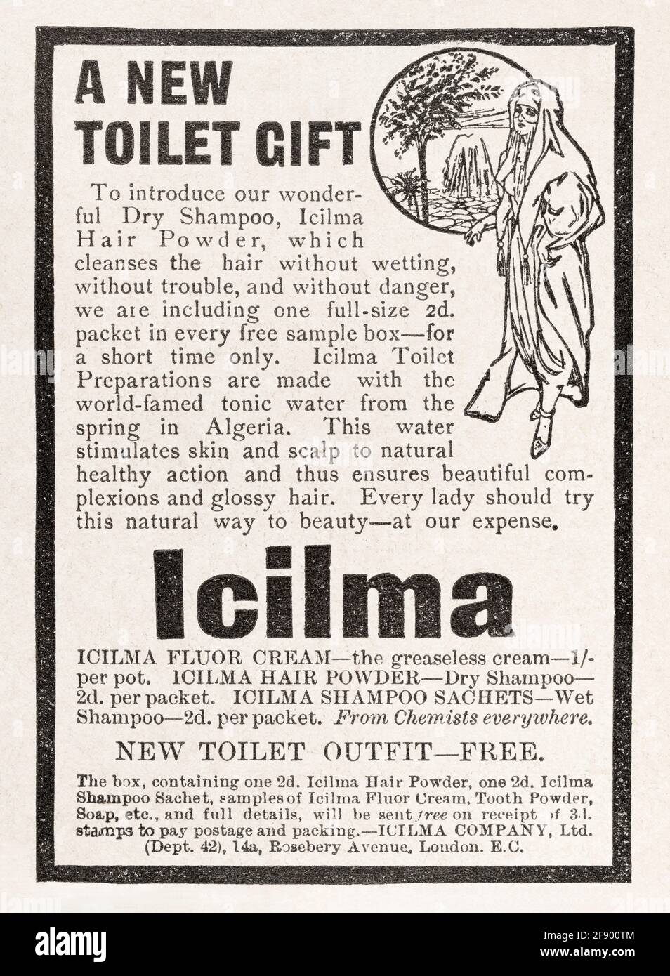 Vieux magazine Edwardian vintage Icilma publicité de shampooing sec de 1912 - avant les normes de publicité. Marques vintage oubliées. Banque D'Images