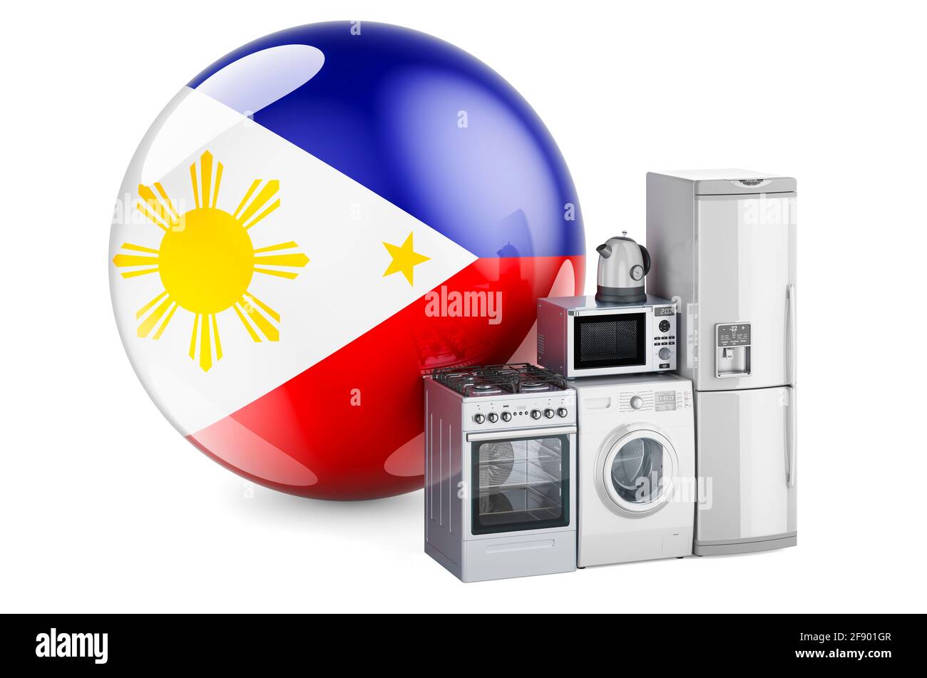 Cuisine et appareils ménagers avec drapeau philippin. Production, achat et livraison d'appareils électroménagers aux Philippines concept. Isoler le rendu 3D Banque D'Images