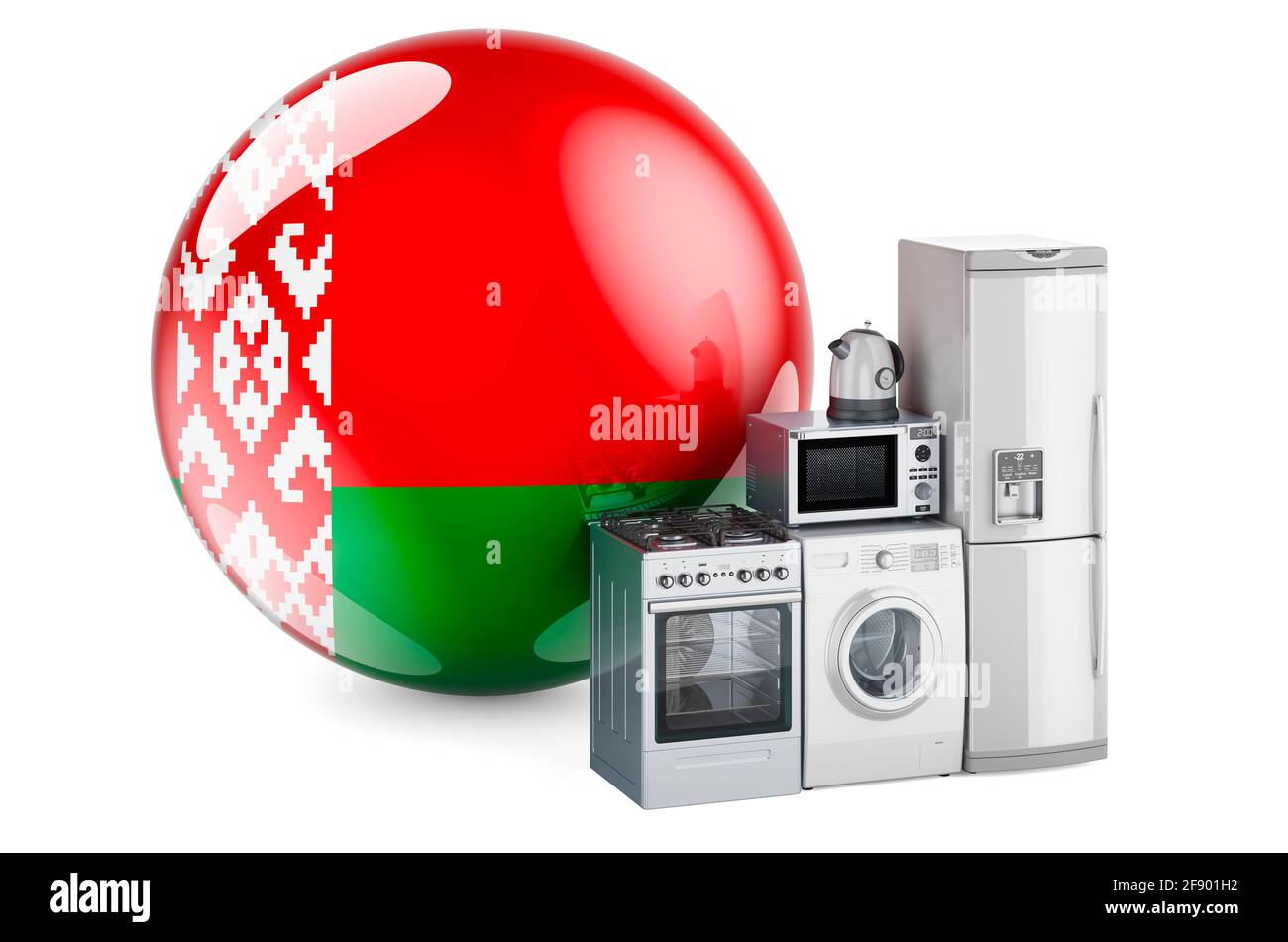 Cuisine et appareils électroménagers avec drapeau biélorusse. Production, achat et livraison d'appareils ménagers en Biélorussie concept. Rendu 3D isolé Banque D'Images
